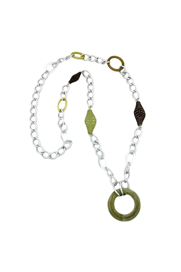 Necklace Wide Curb Chain Green Pearls - GL06424
