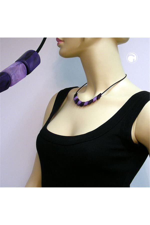 Necklace Slanted Beads Lilac-Marbeled Rubber Band Black - GL02681