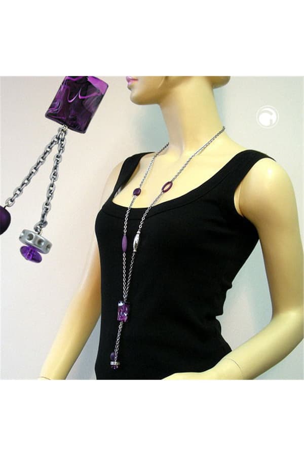 Necklace Rectangle Lilac-White Marbled 90cm - GL02586