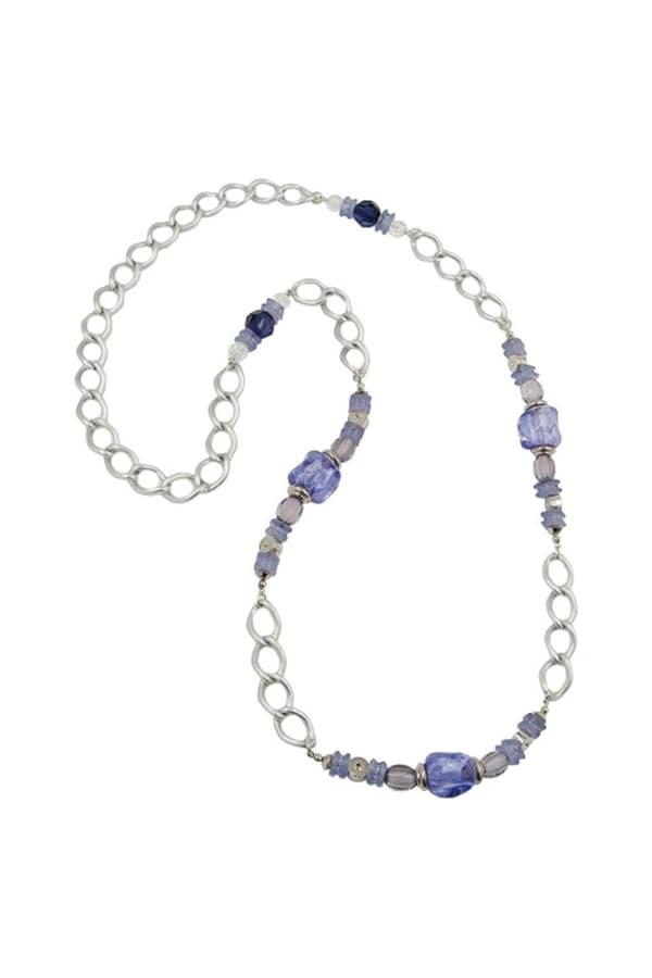 Necklace Stone-Pearl Blue Curb Chain 90cm - GL02449