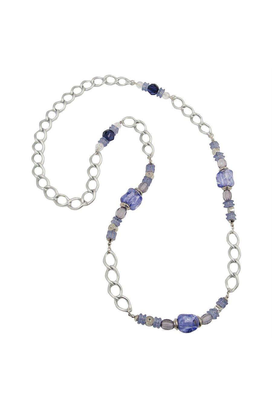 NECKLACE STONE-PEARL BLUE CURB CHAIN 90CM