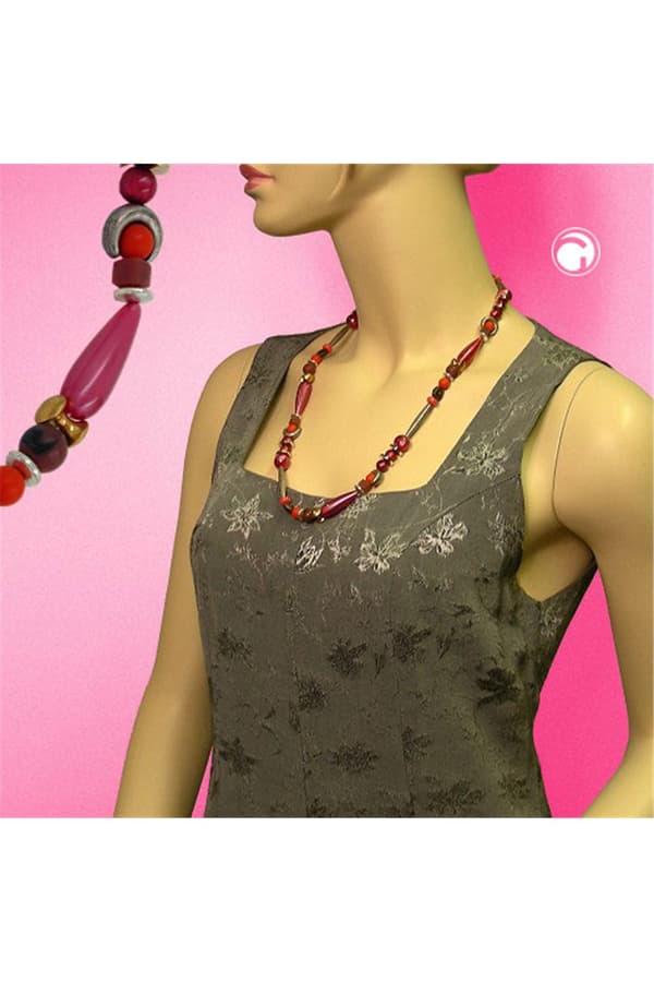 Necklace Beads Silk-Red-Brown 63cm - GL04225