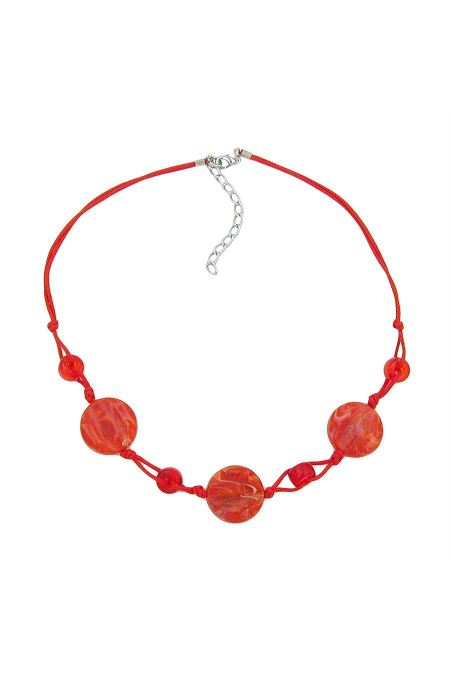NECKLACE DISK SHAPED RED MARBLED BEADS RED CORD