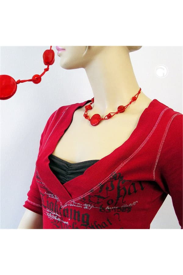 Necklace Red Marbled Beads Red Cord - GL00523