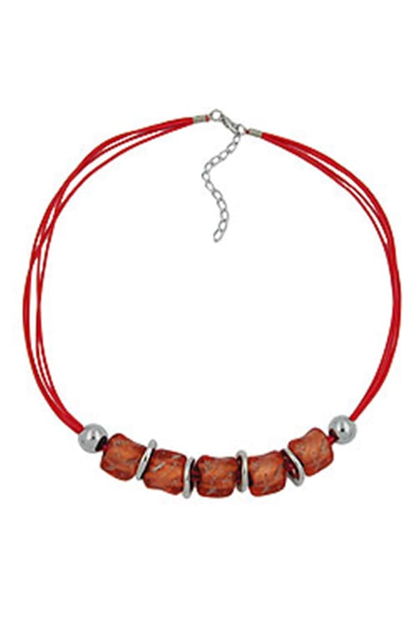 Necklace Large Marbled Red/Orange Beads Red Cord - GL00524