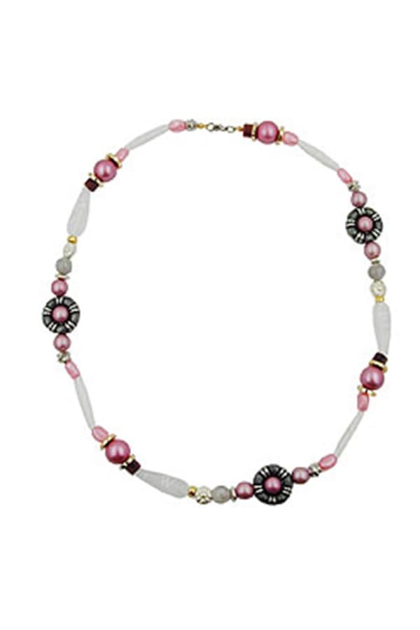 Necklace Beads Pink-White-Silver Tone 60cm - GL04216