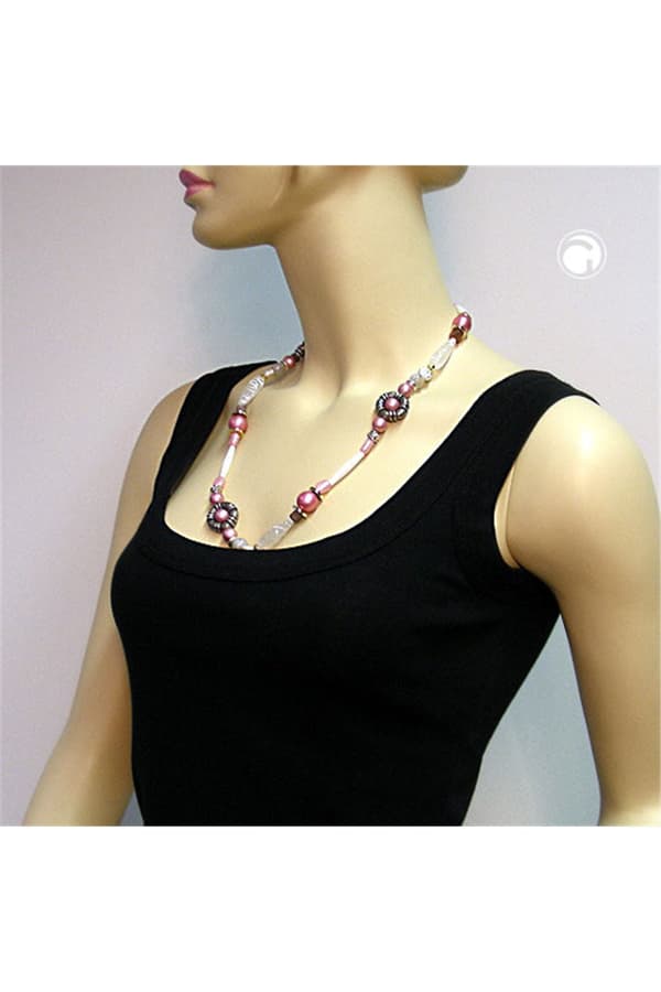 Necklace Beads Pink-White-Silver Tone 60cm - GL04216