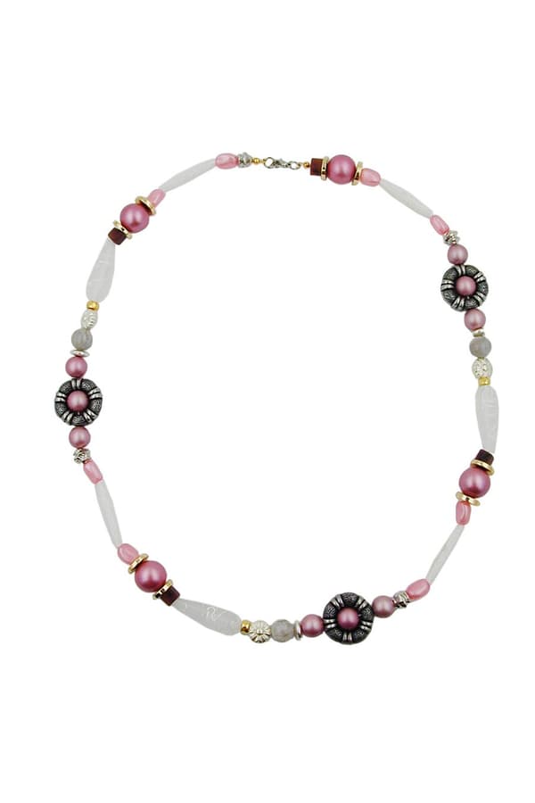 Necklace Beads Pink-White-Silver Tone 60cm - GL04216