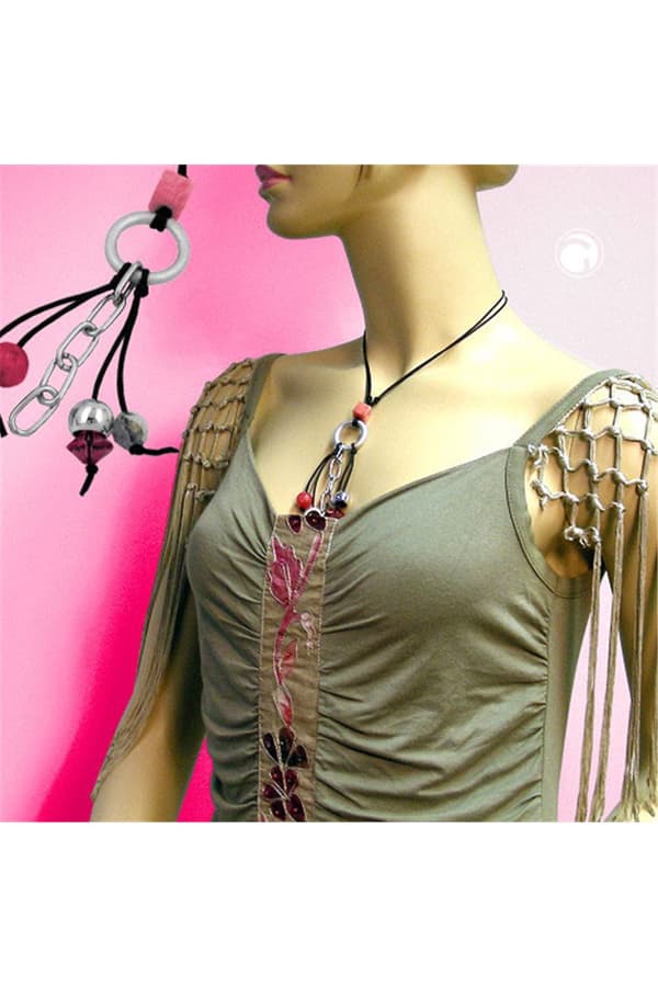 Necklace Silver-Grey / Pink Beads - GL02749