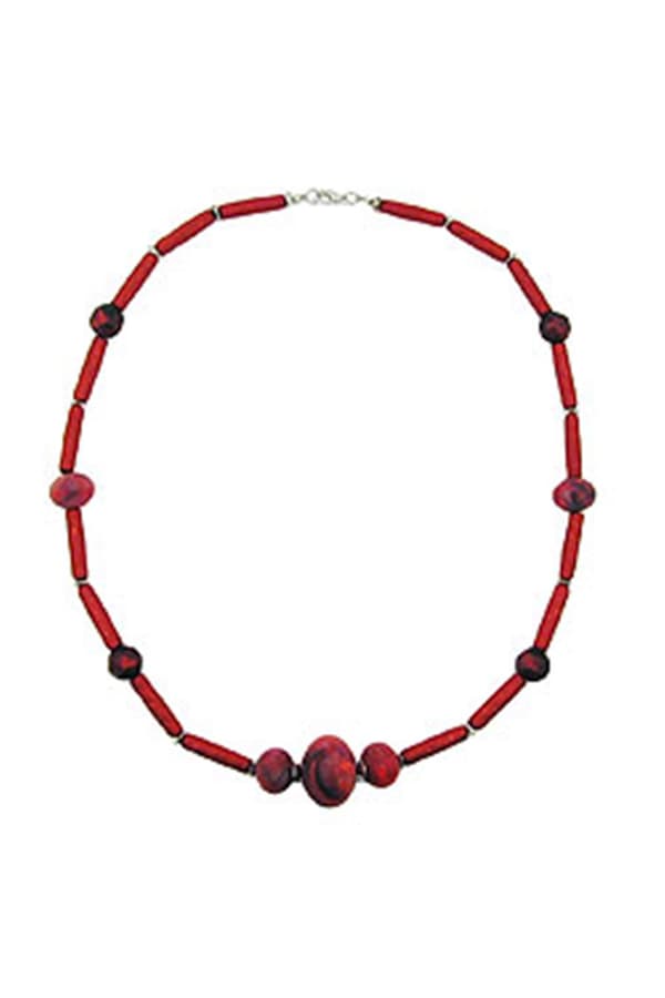 Necklace Red Marbled Red Metallic Beads - GL01598