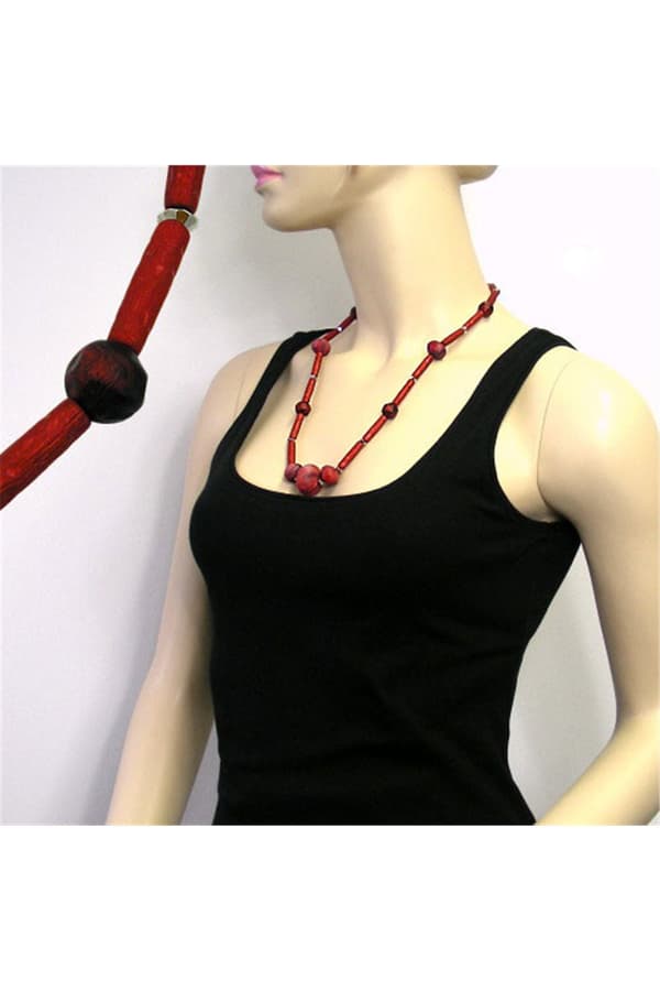 Necklace Red Marbled Red Metallic Beads - GL01598