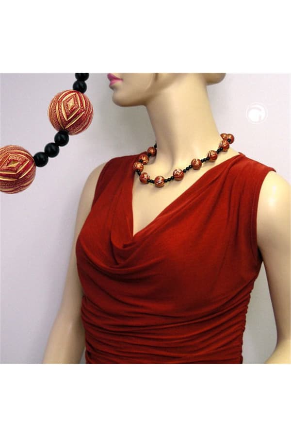 Necklace Designer Beads Red/Gold-Coloured Black - GL01189
