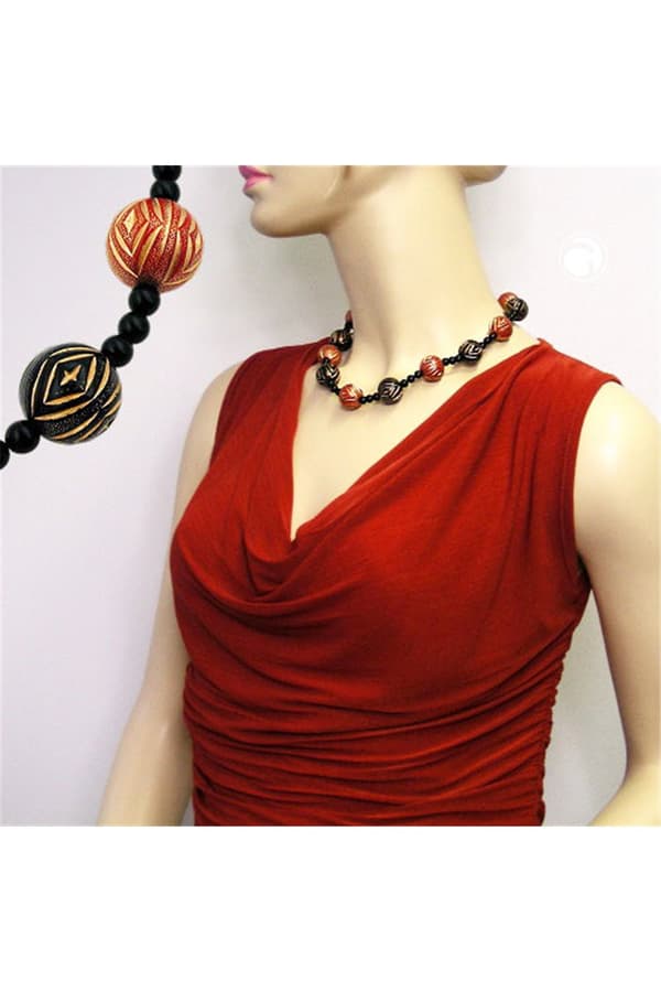 Necklace Designer Beads Red/Black/Gold-Coloured - GL01097
