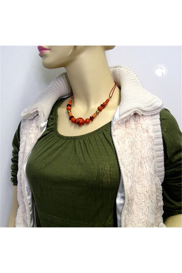 Necklace Different Beads Red/ Rust/ Orange - GL00793