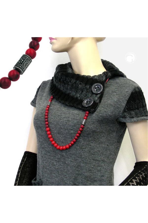 Necklace Red Marbled Beads Silver Coloured Fantasy Beads - GL00737