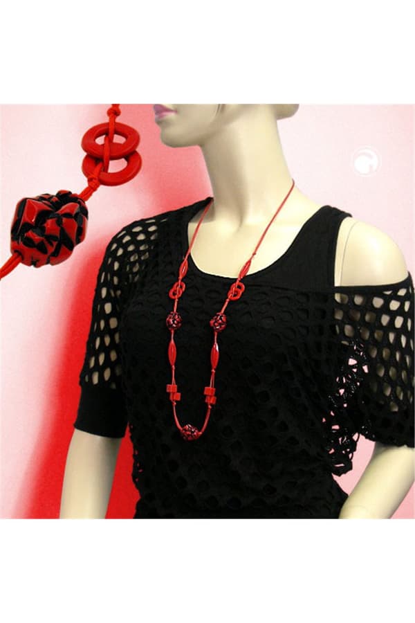 Necklace Red/Black Beads On Red Cord 100cm - GL00619