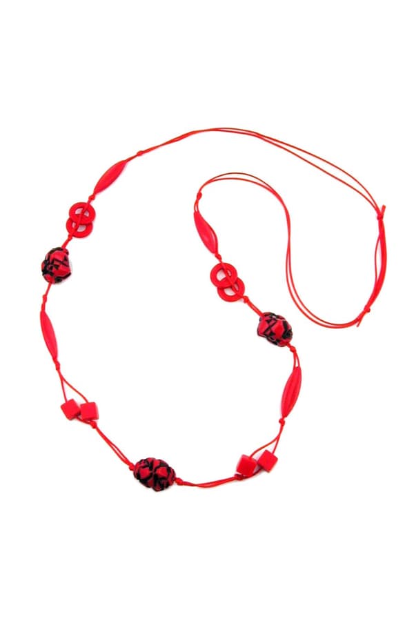 Necklace Red/Black Beads On Red Cord 100cm - GL00619