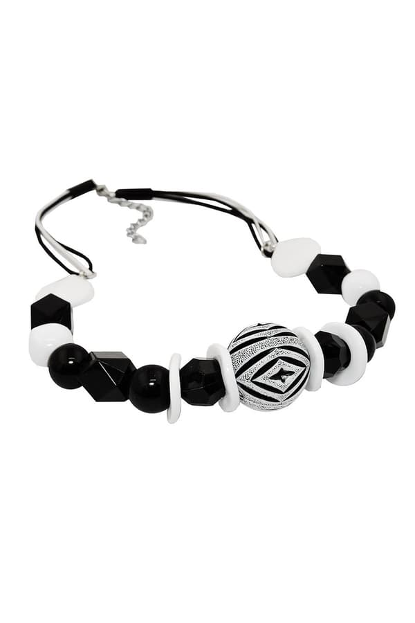 Necklace Varios Beads Black And White Black And White Cord - GL02472