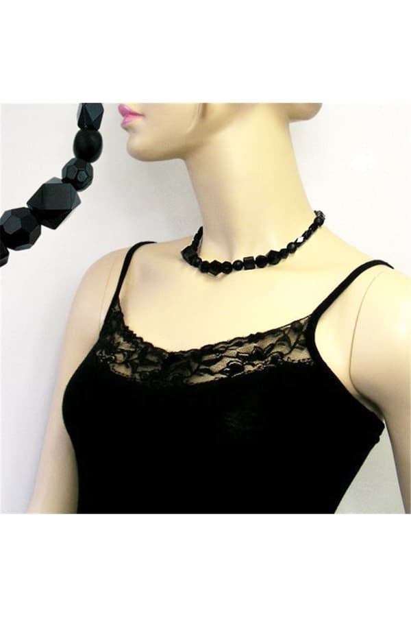 Necklace Black Beads Faceted & Different Bead Shapes - GL01438