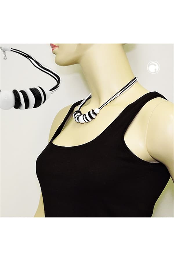 Necklace Various Beads And Rings Black-White Black And White Cord - GL01342