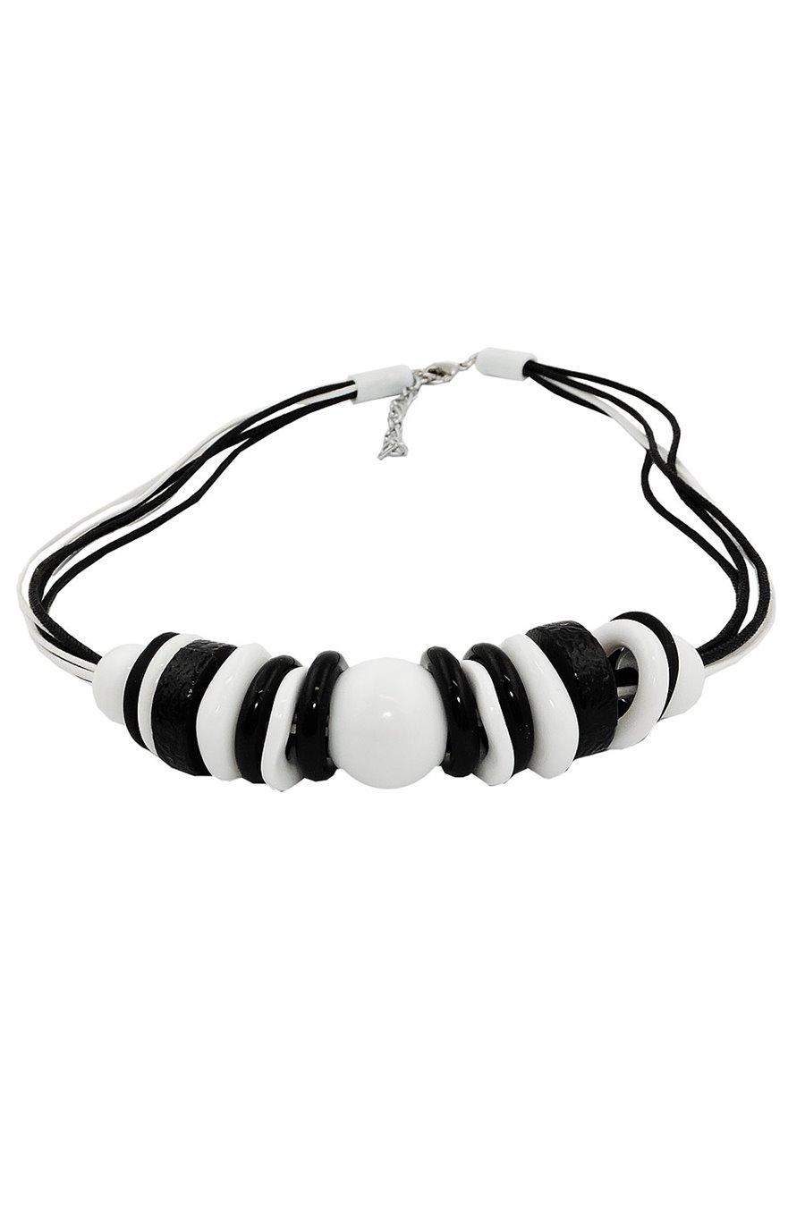 NECKLACE VARIOUS BEADS AND RINGS BLACK-WHITE BLACK AND WHITE CORD