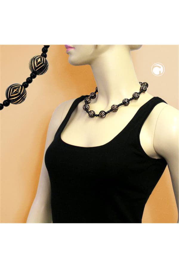 Necklace Designer Beads Black/Gold-Coloured - GL01341
