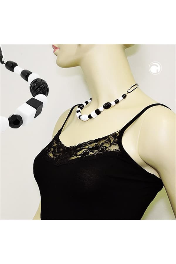 Necklace Various Beads Black And White Black And White Cord - GL01340