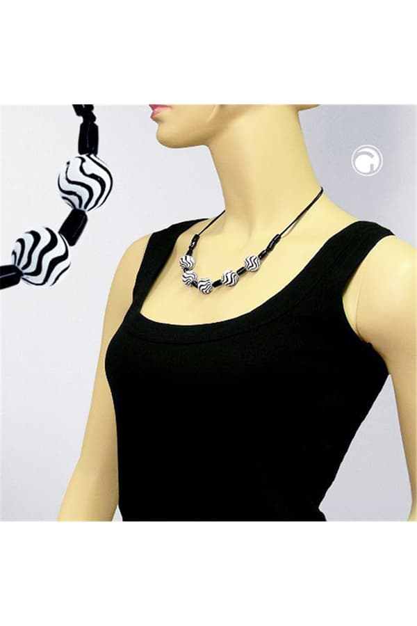 Necklace Wavy Beads Black-White 50cm - GL00552