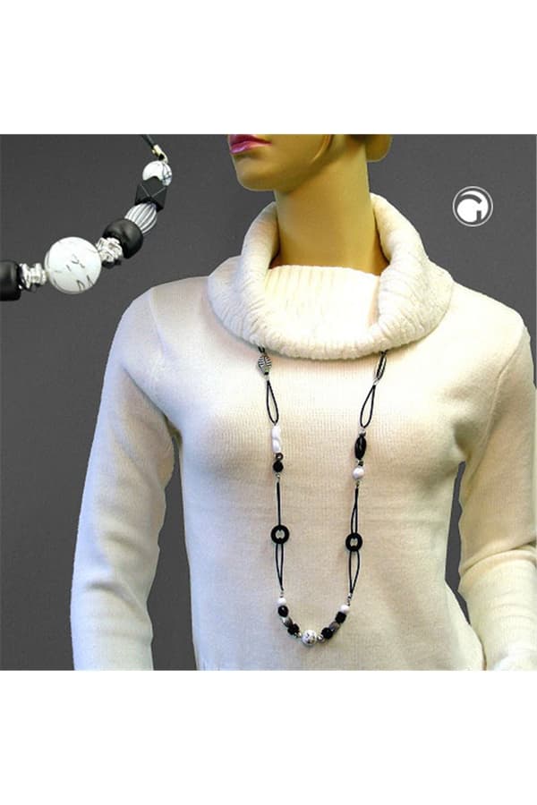 Necklace Black & White Beads 105cm - GL00157