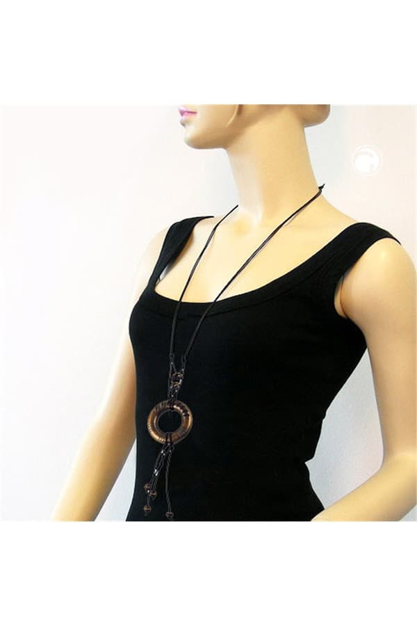 Necklace Antique Brass Ring Black Cord - GL01455
