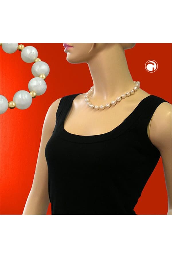 Necklace Beads Silky Shimmering White/Gold-Plated - GL05872