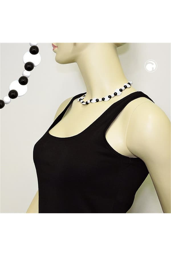 Necklace Various Beads Black And White Shiny - GL01343