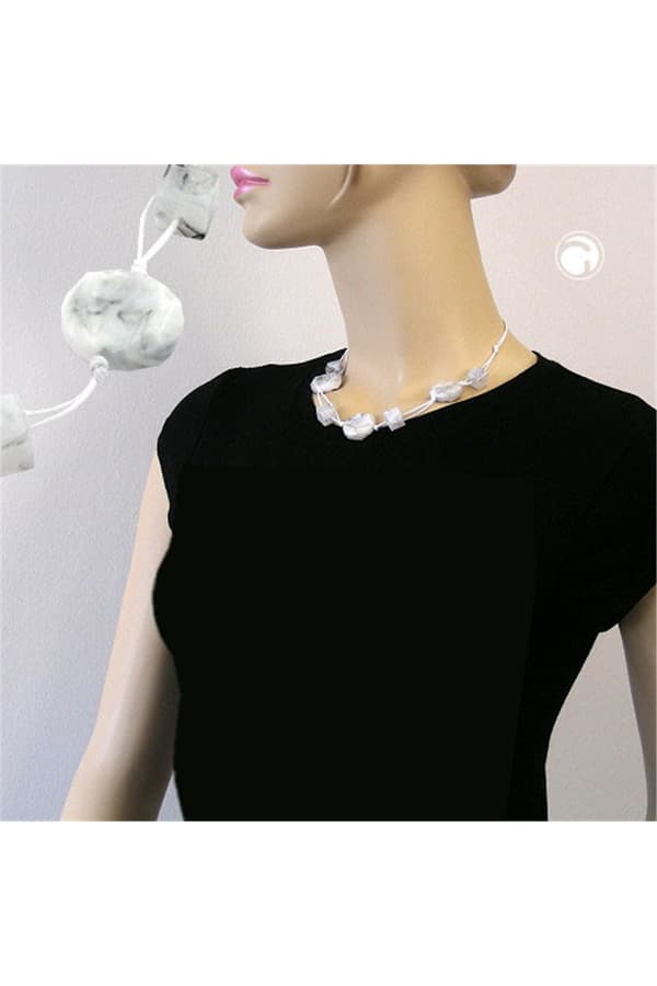 Necklace White Marbled Beads Two-Fold Cord - GL00530