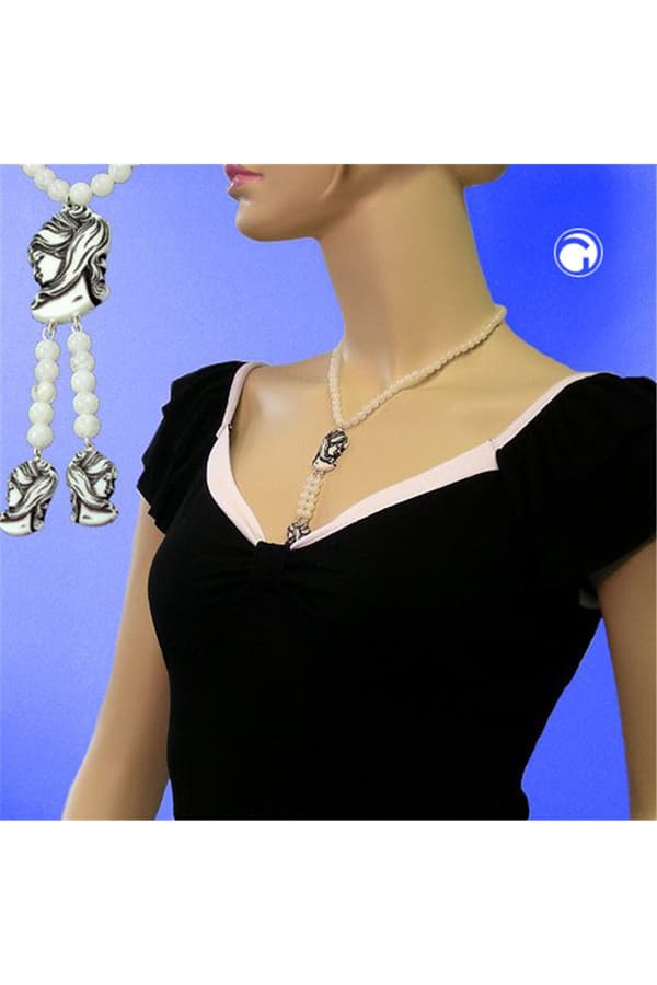 Necklace White Beads And Black/Beige Cameo - GL00296