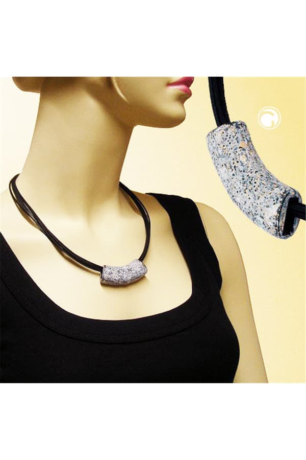 Necklace Tube Flat Curved Granite/Gold Colored Marbled 50cm - GL01465