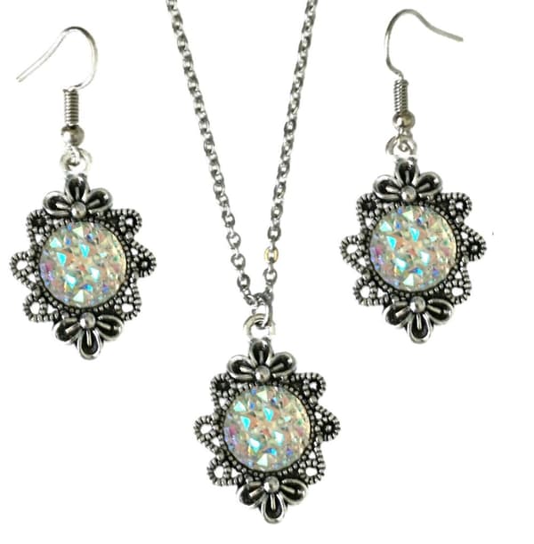 Necklace/Earrings - Glitter - Druzy - Victorian - Green