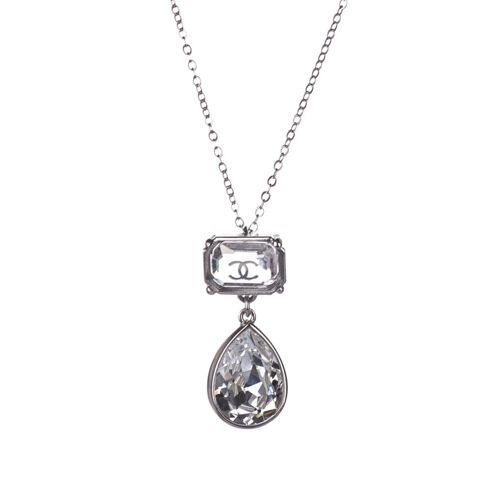 Chanel CC Rhinestone Teardrop Pendant Necklace Silver