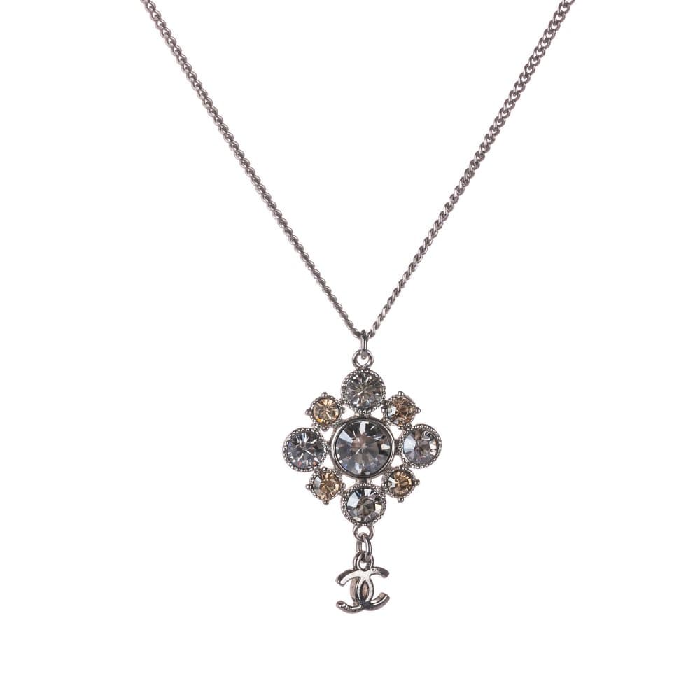 Chanel CC Rhinestone Pendant Necklace Silver