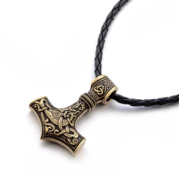 Vikingahalsband Tors Hammare Mjolnir Konstläder Guld