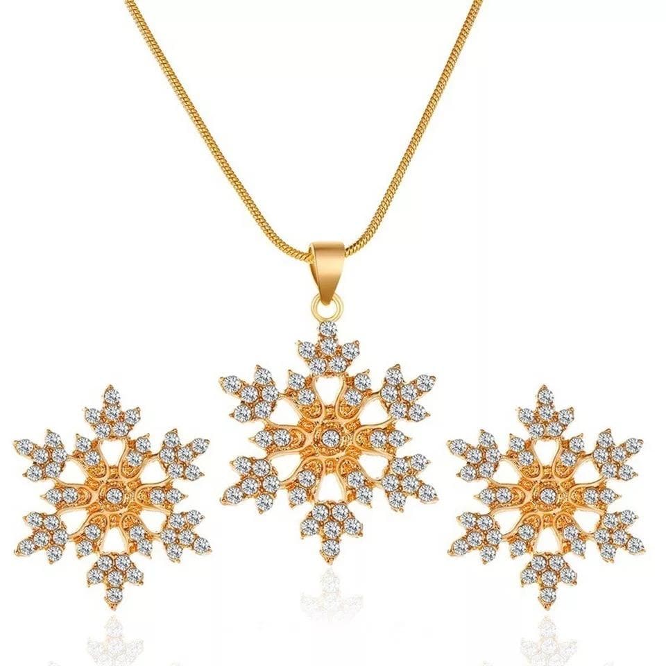 Guld Smyckesset till Jul - Halsband & Örhängen - Snöflinga & CZ