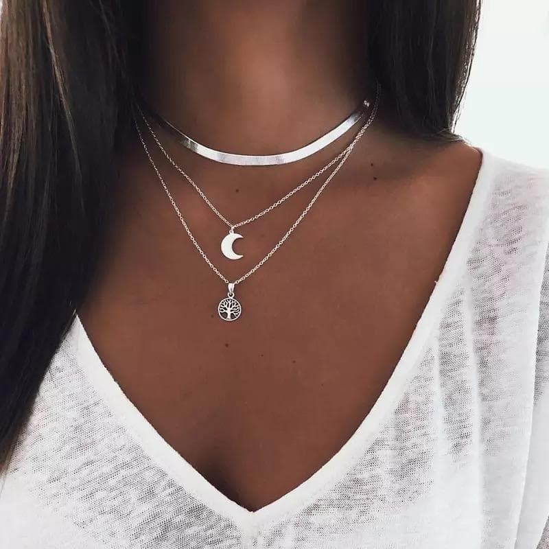 Silver Halsband/Choker med 3 Kedjor: Ormlänk, Måne & Livets Träd