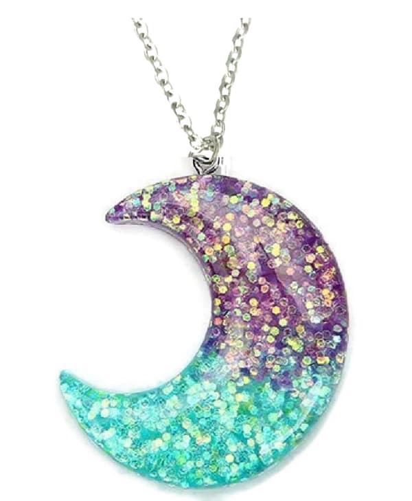Necklace - Crescent Moon - Glitter - Acrylic - Pink/Purple