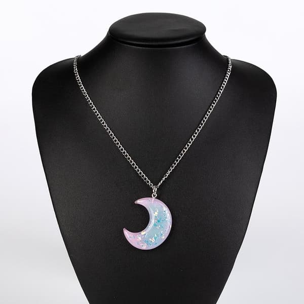 Necklace - Crescent Moon - Glitter - Acrylic - Pink