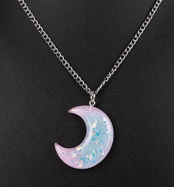 Necklace - Crescent Moon - Glitter - Acrylic - Pink