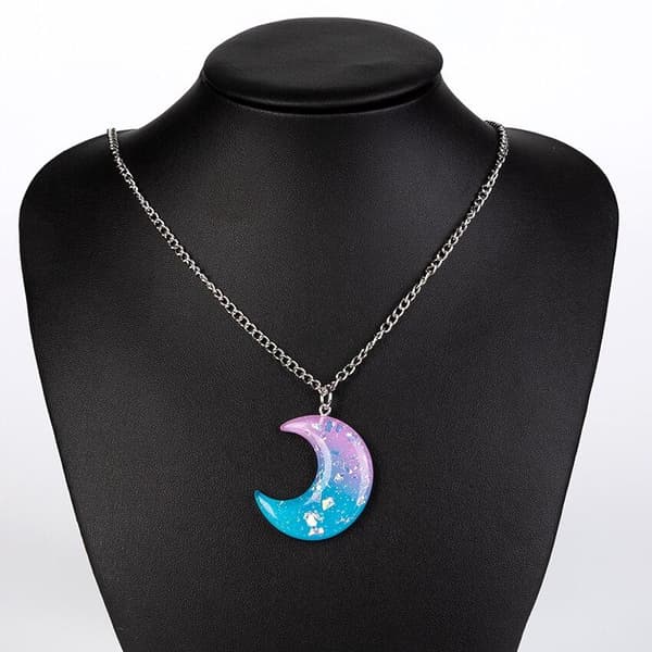 Necklace - Moon - Glitter - Acrylic - Pink/Blue