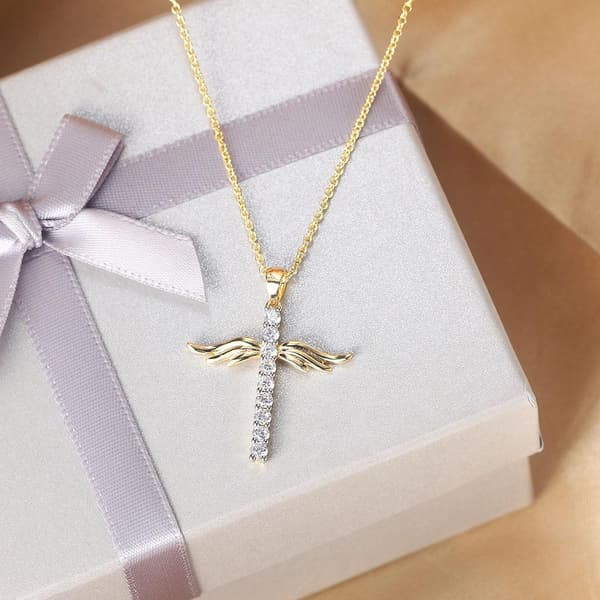 Cross with angel wings in gold with gold plating and zircon