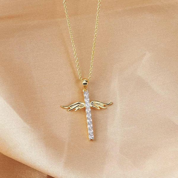 Cross with angel wings in gold with gold plating and zircon