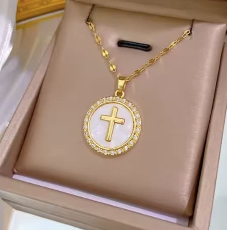 White circle necklace with cross in rhinestones and enamel