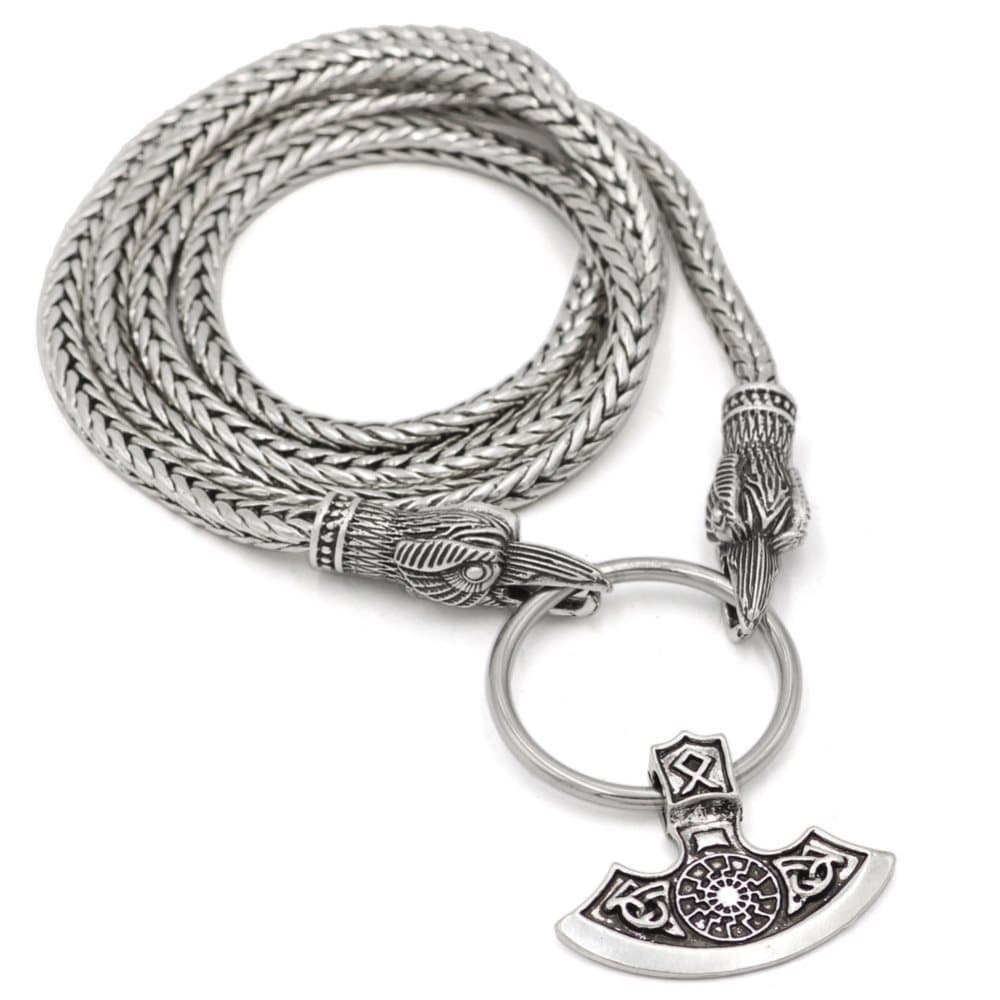 Halsband med vikingayxa och Tors korpar zinklegering Silver