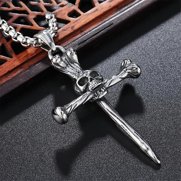 Skull biting crucifix punk cross stainless steel gothic